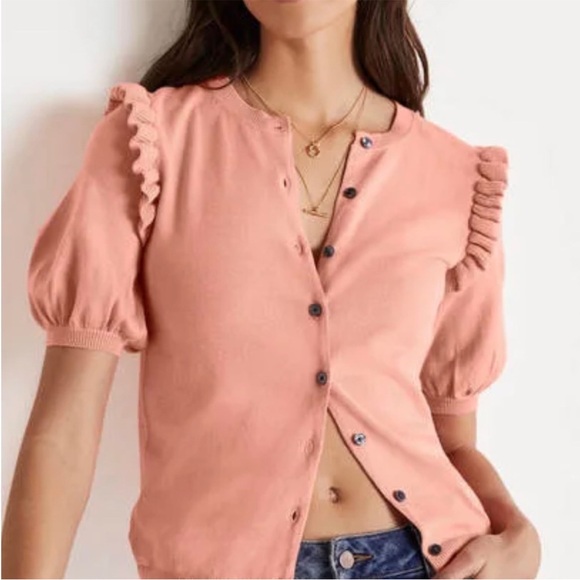 BOGO! Boden Frill Shoulder Cotton Cardigan Puff Sleeve Coral Size 4 - Picture 2 of 9